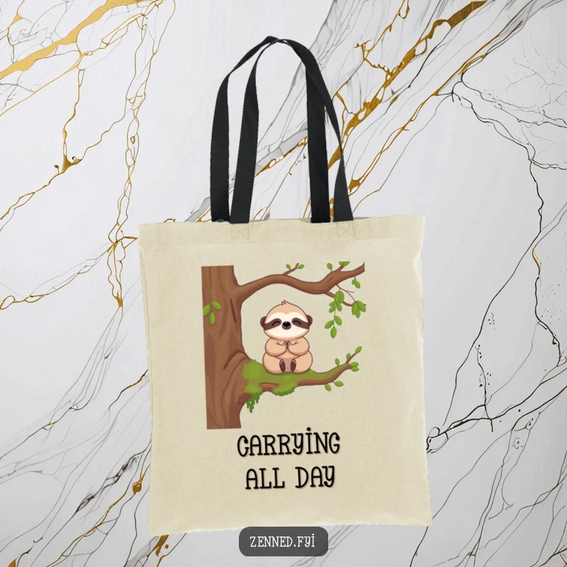 Funny tote bag featuring a kawaii sloth meditating peacefully on a mossy branch, perfect for carrying daily items with charm.