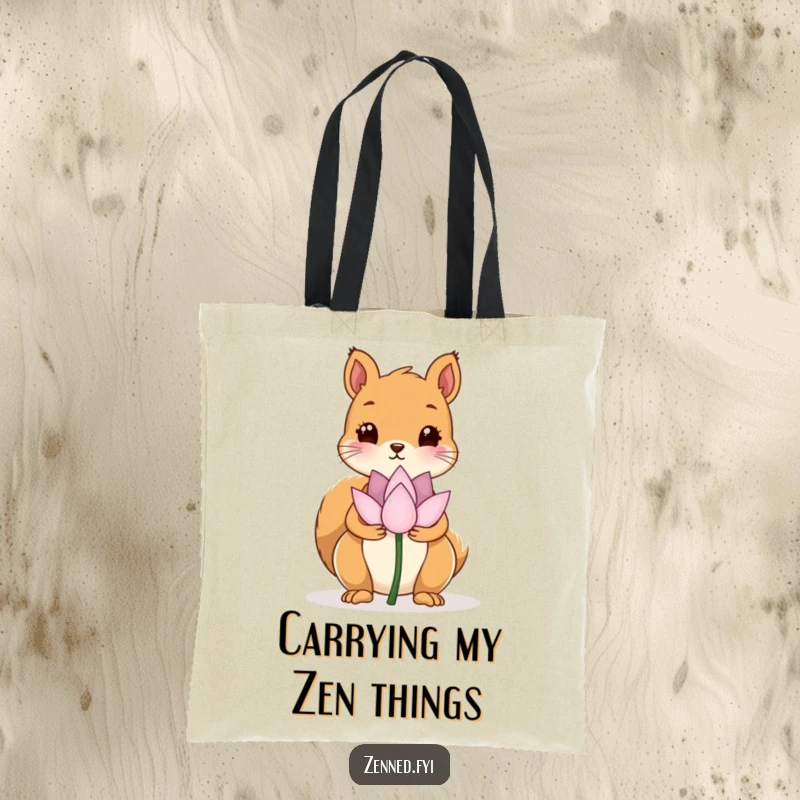 Funny tote bag with a kawaii squirrel holding a lotus flower, promoting peacefulness and humor with every carry.