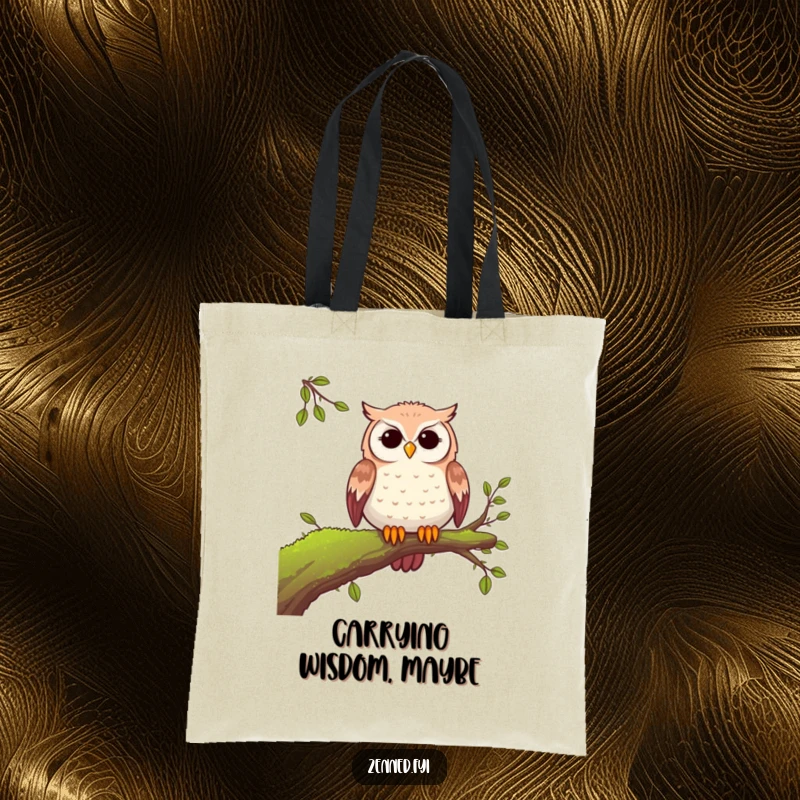 Funny peaceful owl tote bag featuring a serene owl on a mossy branch, perfect for carrying daily items with a touch of calm.