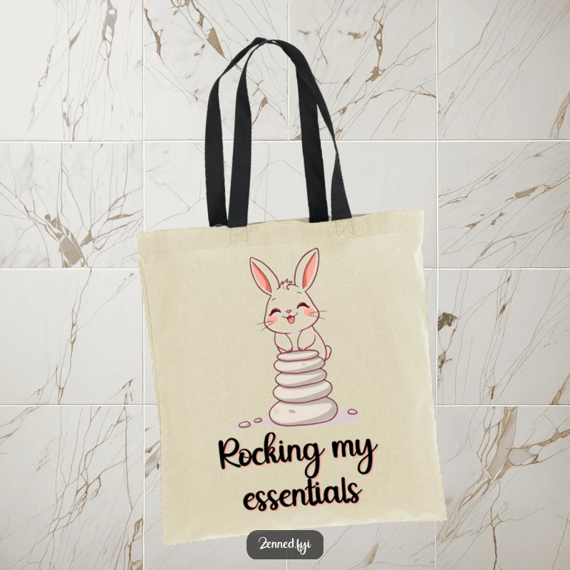 Funny giggling rabbit balancing stones on a durable tote bag, a wonderful funny gift.