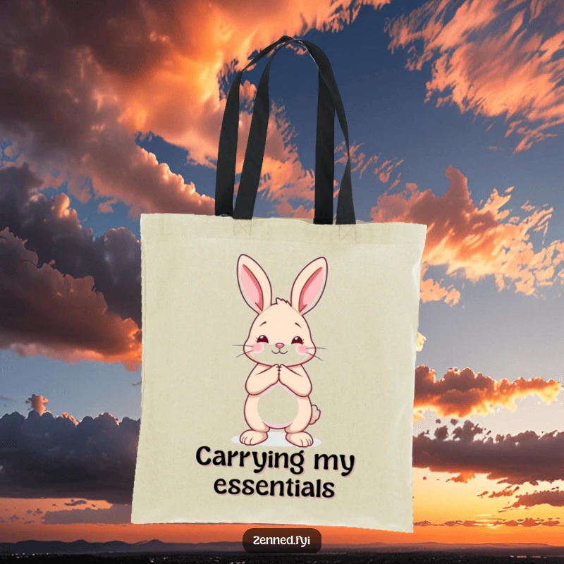 Funny rabbit tote bag featuring a calm animal with hands pressed together, ideal for daily use with a peaceful theme.