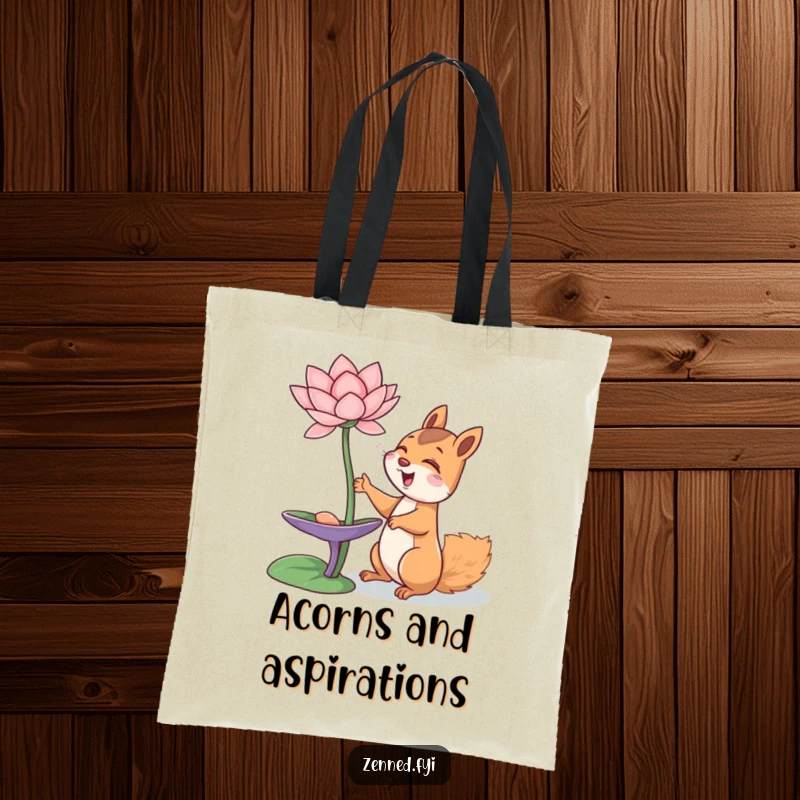 Funny giggling squirrel reaching for a floating lotus flower, on a tote bag, embodying happiness, funny gift.