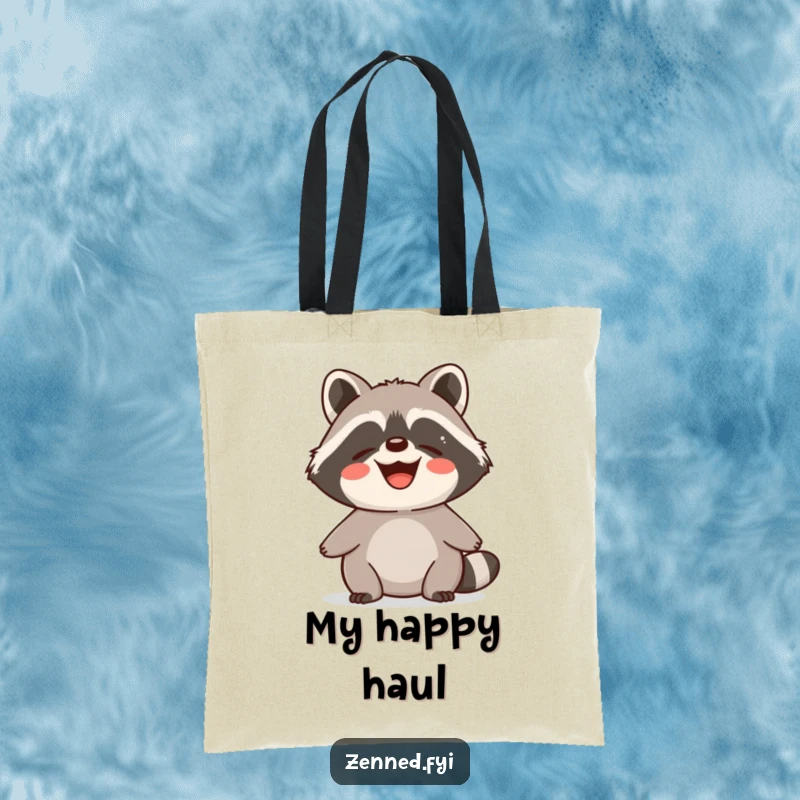 Funny Tote Bag with a delighted raccoon radiating calm and contented energy with a happy expression.