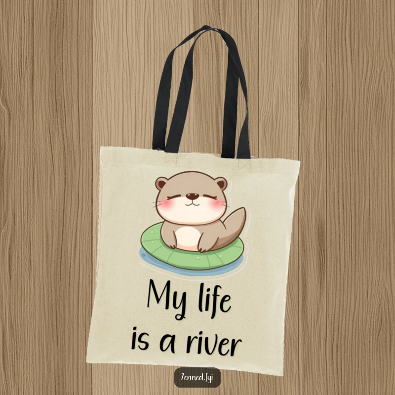 Funny otter lily pad tote bag depicting a content otter floating peacefully on a lily pad, ready for errands.