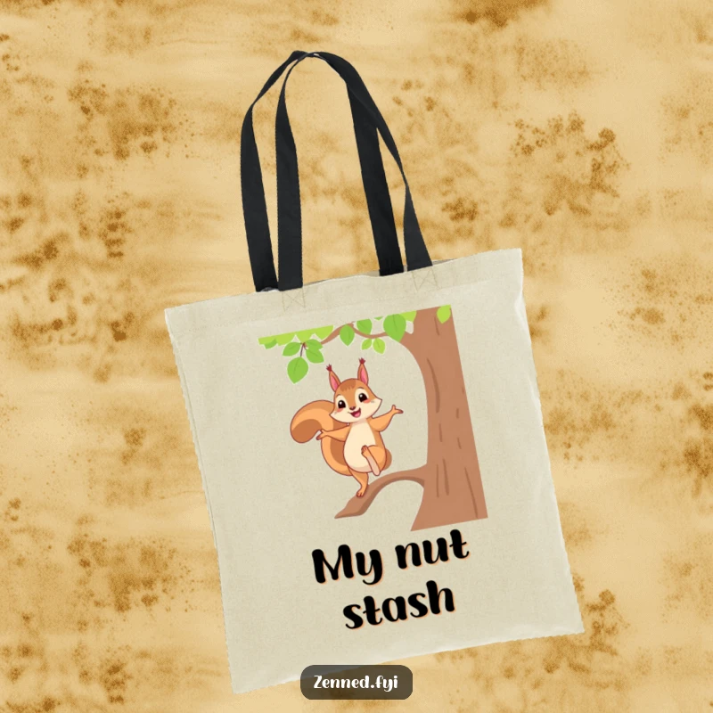 Funny squirrel tote bag showing a cheerful squirrel perfectly balancing in a tree pose, a humorous accessory for daily use.