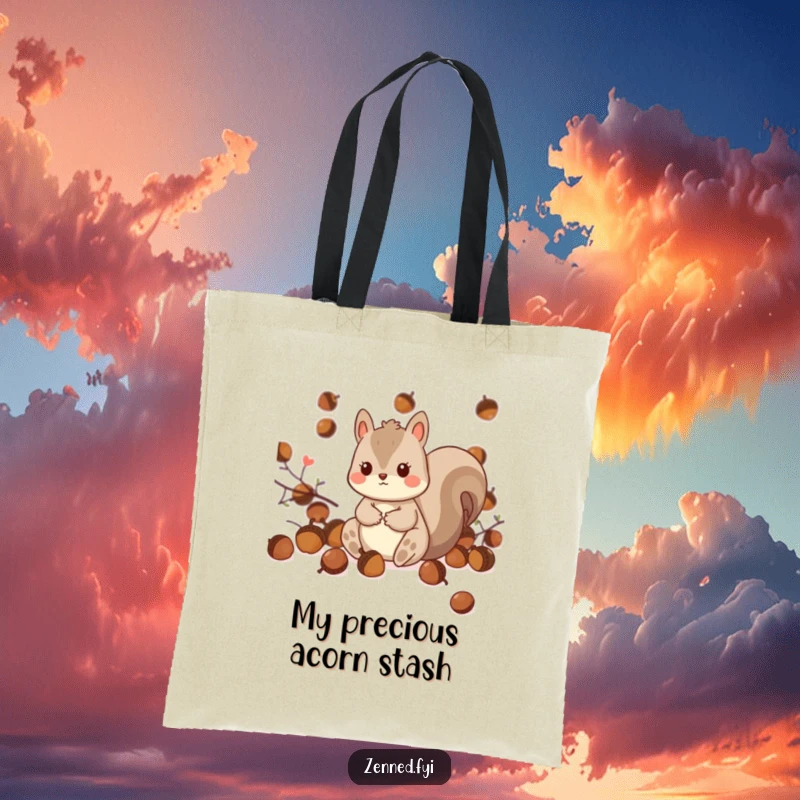Funny Kawaii Squirrel Tote Bag: A cute tote displaying a playful squirrel amidst acorns, ideal for groceries, books, or any daily adventure.